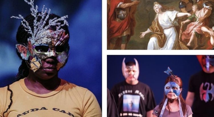 A layout of 3 photos. On left: A woman in a yellow shirt in a silver mask. Top right: An image of an old painting of a woman in a white robe holding her arms out in front of a crowd of people. Bottom right: A woman in a pink shirt in a silver mask.