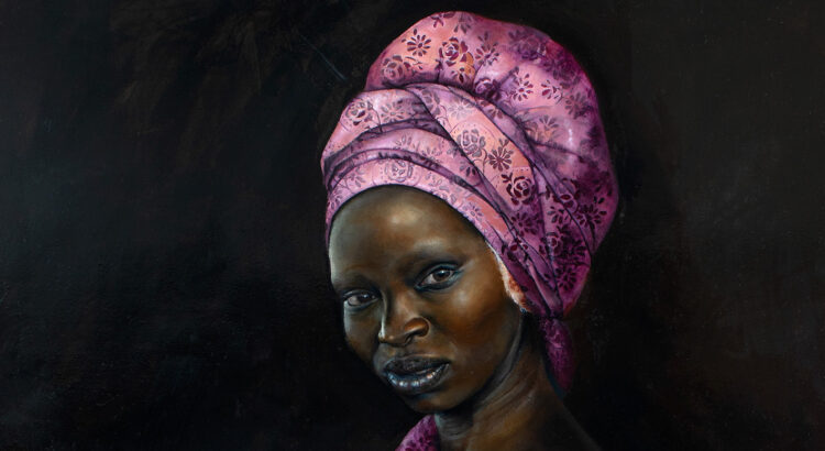 Painting of Woman with her hair wrapped up in a pink cloth