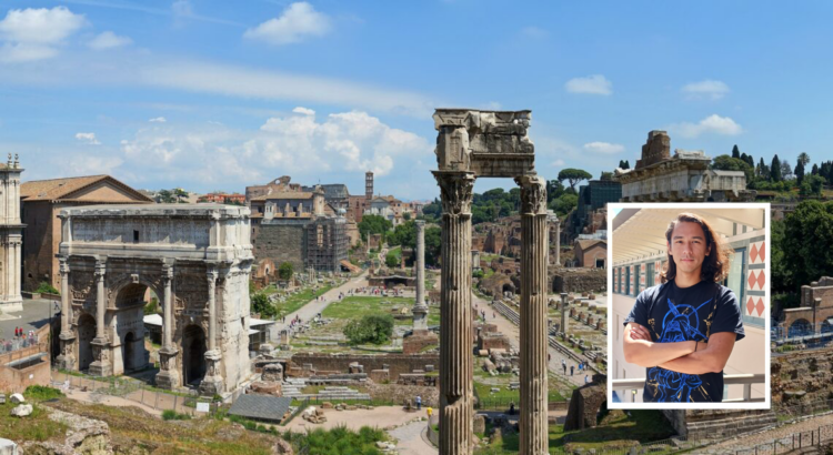 Chris Erdman in front of a background of Rome